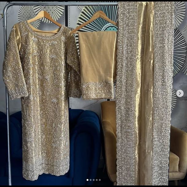 Pakistani Bridal Golden Suit Indian Wedding Reception Walima - DN-1063