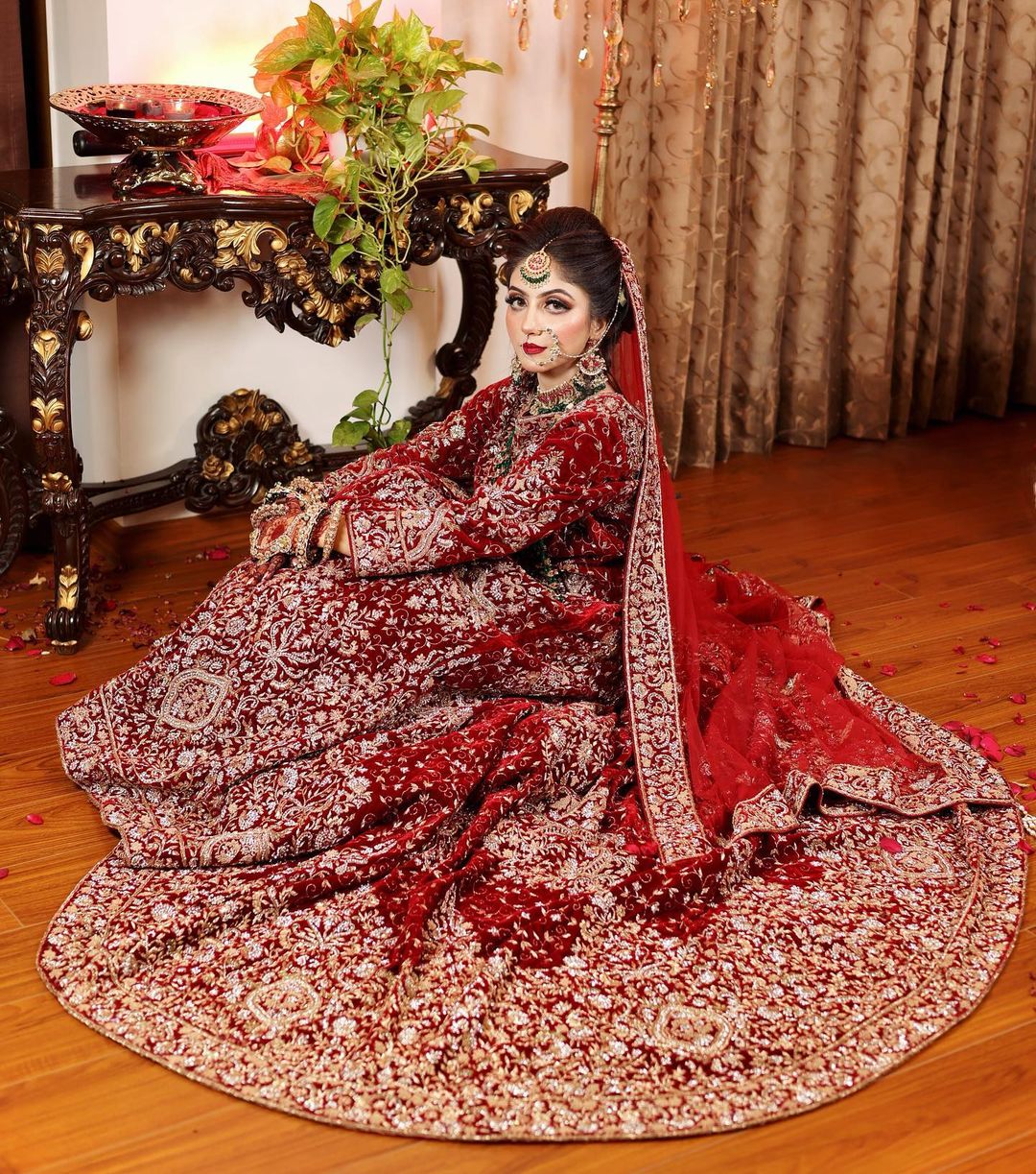 TRADITIONAL PAKISTANI BRIDAL LONG TRAIL LEHENGA WITH GOLDEN EMBROIDERY - DN-1668