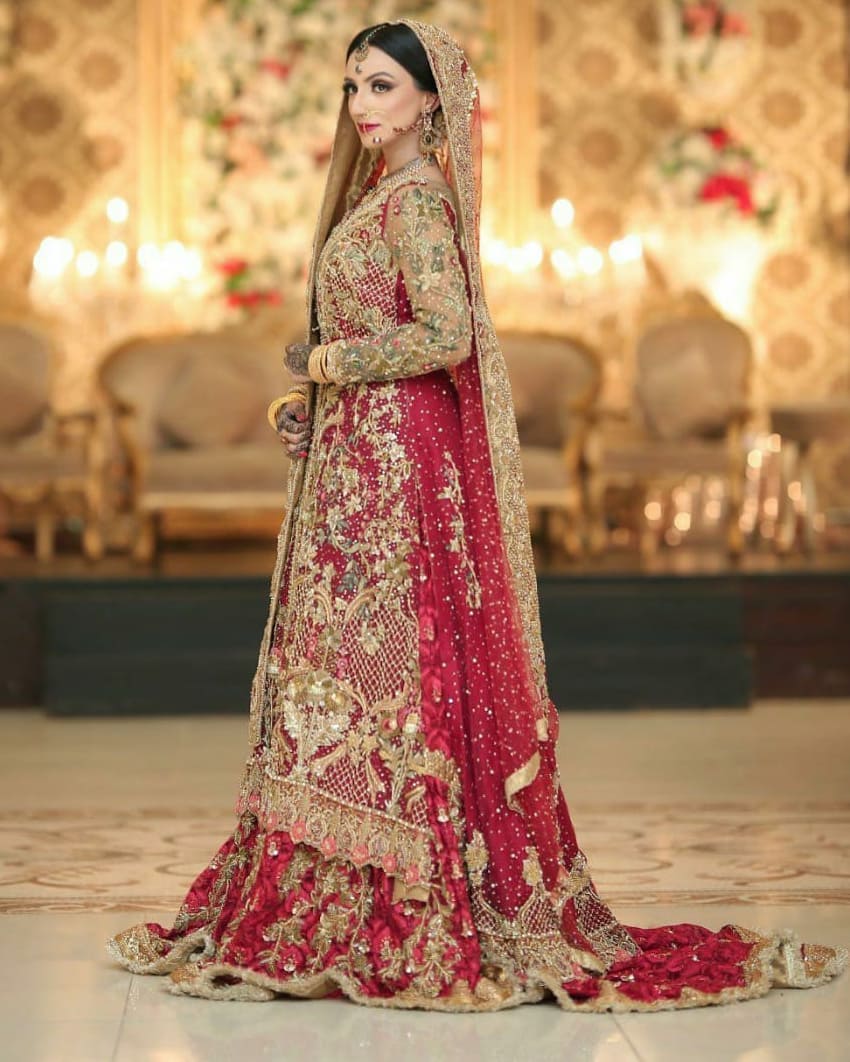 Pakistani Designer Bridal Embroidered Anarkali with Long Trail Lehenga - DN-1606