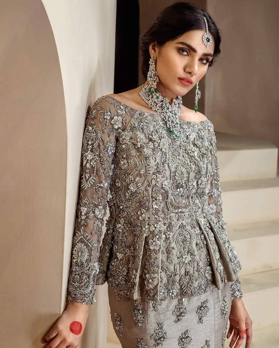 Wedding Grey Bridal Lehenga With Silver Embroidery & Short Peplum Blouse – DN-1956