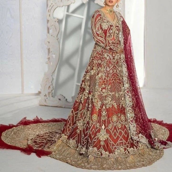 Red and Orange Designer wedding and Walima long Trail Anarkali with lehenga and Embellishment - DN-1343