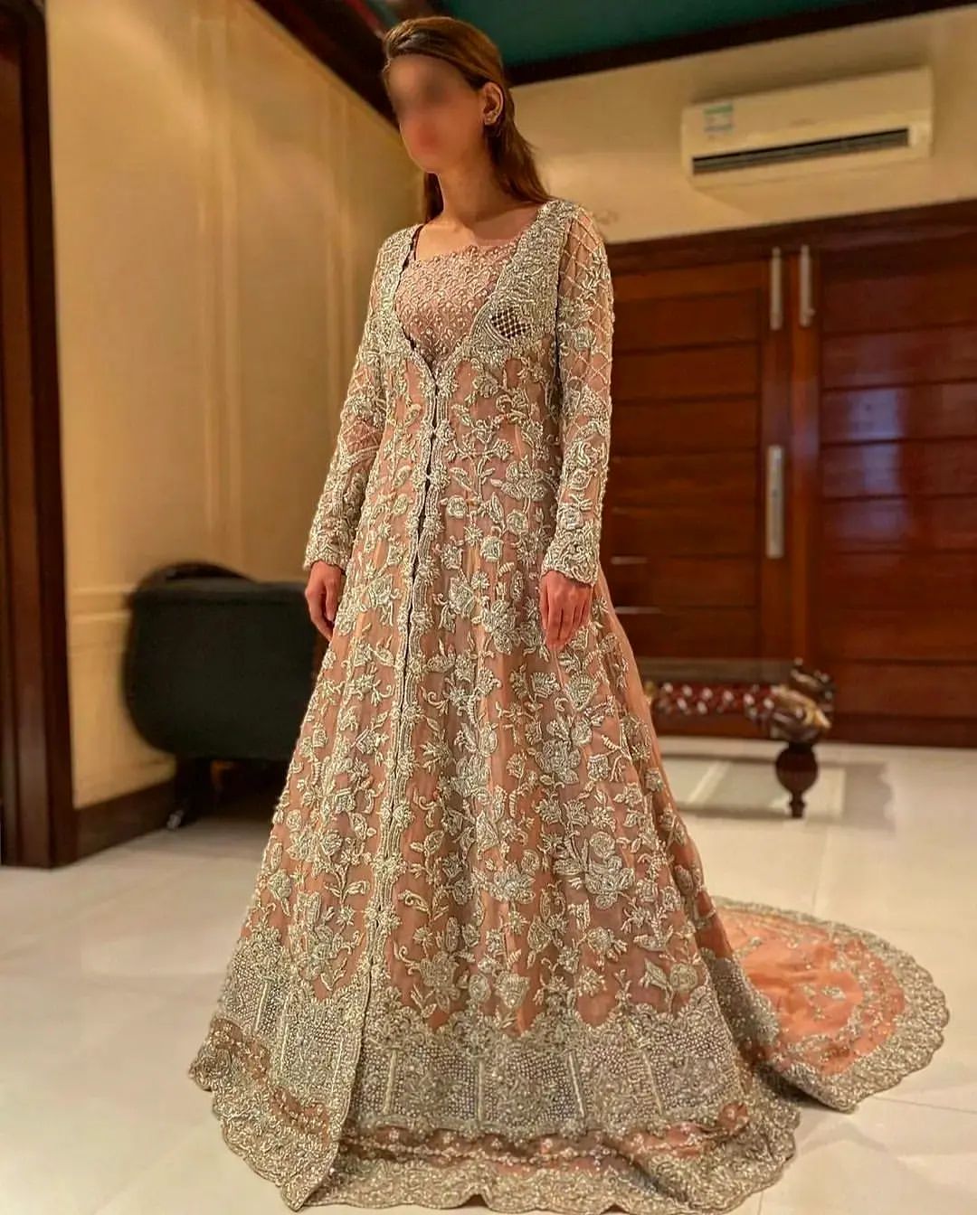 Designer Ivory Pakistani Waleema Long Trail Split Jacket with Embroidered Lehenga - DN-1539