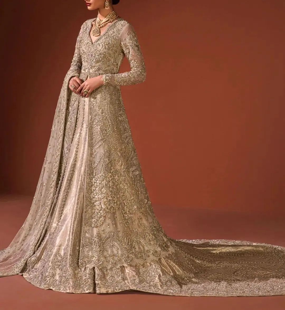 Golden Designer Reception Split long Trail Anarkali with lehenga and Embellishment - DN-1344