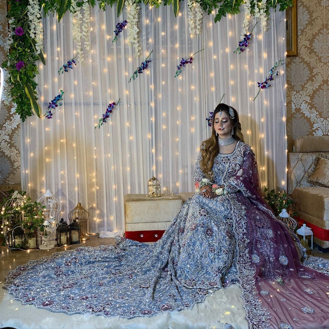 Wedding Long Trail Blue and Purple Bridal Gown with Golden Embroidery - DN-1994