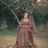 Traditional Maroon Pakistani Nikaah long Trail Anarkali with lehenga and Embellishment - DN-1345