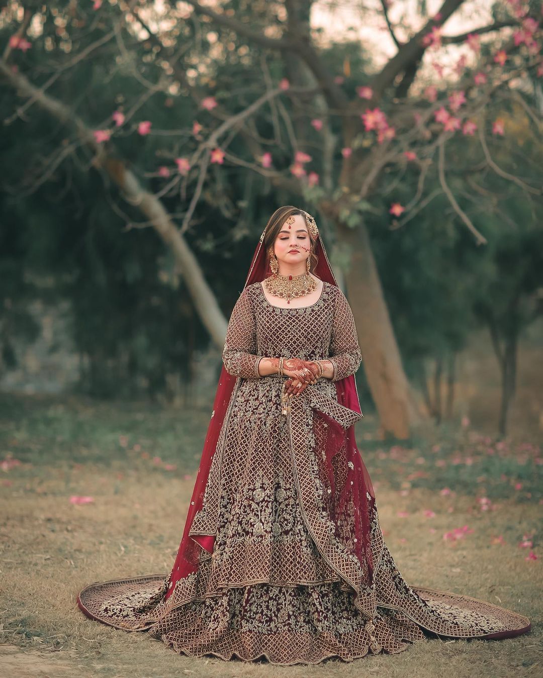 Traditional Maroon Pakistani Nikaah long Trail Anarkali with lehenga and Embellishment - DN-1345