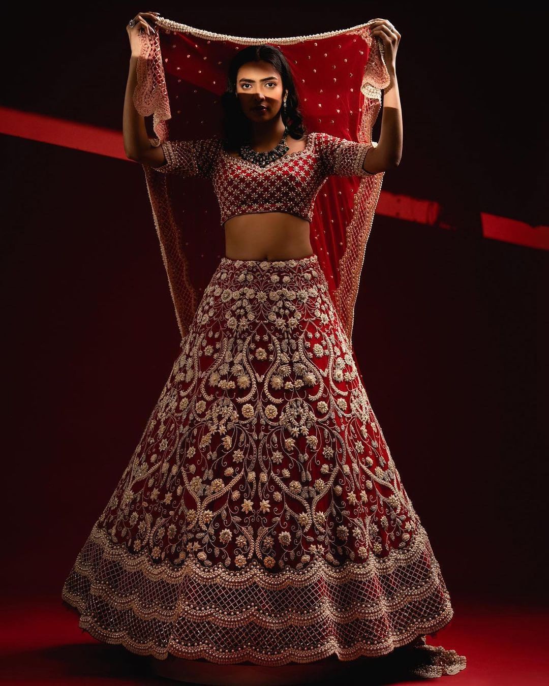 Classy Designer Maroon Indian Bridal lehenga choli with White thread work and Embellishment - DN-1340
