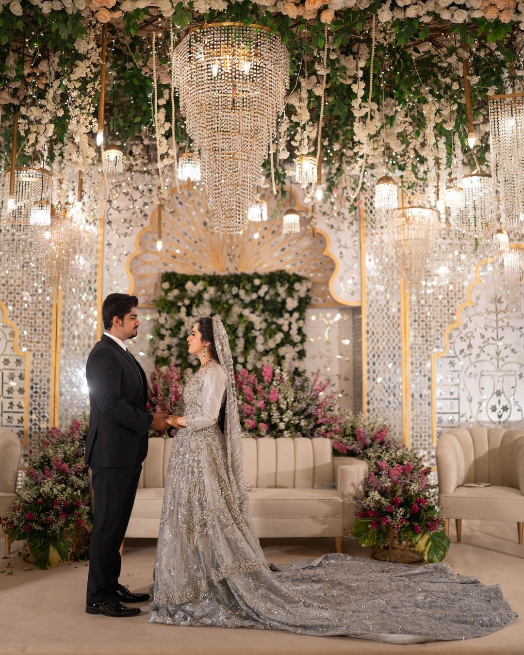 Classy Ivory Designer long Trail Walima Anarkali with lehenga and Embroidery - DN-1342