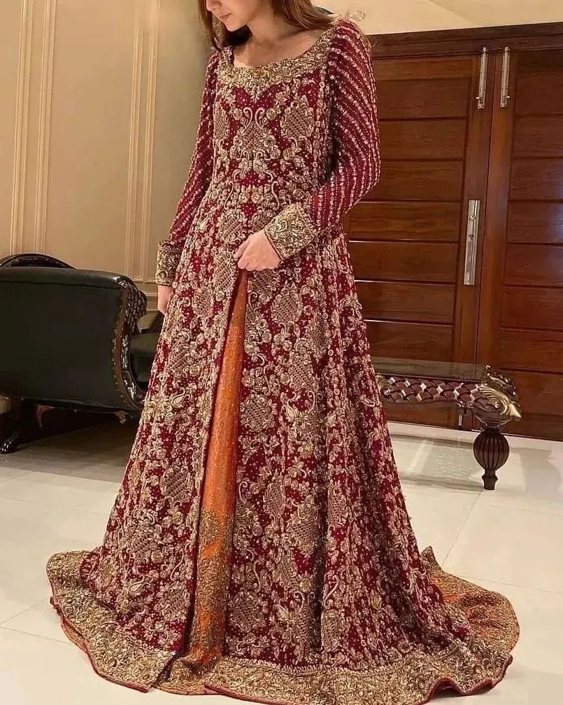 Red and Orange Designer Pakistani Wedding and Walima long split Jacket with lehenga and Embellishment - DN-1336