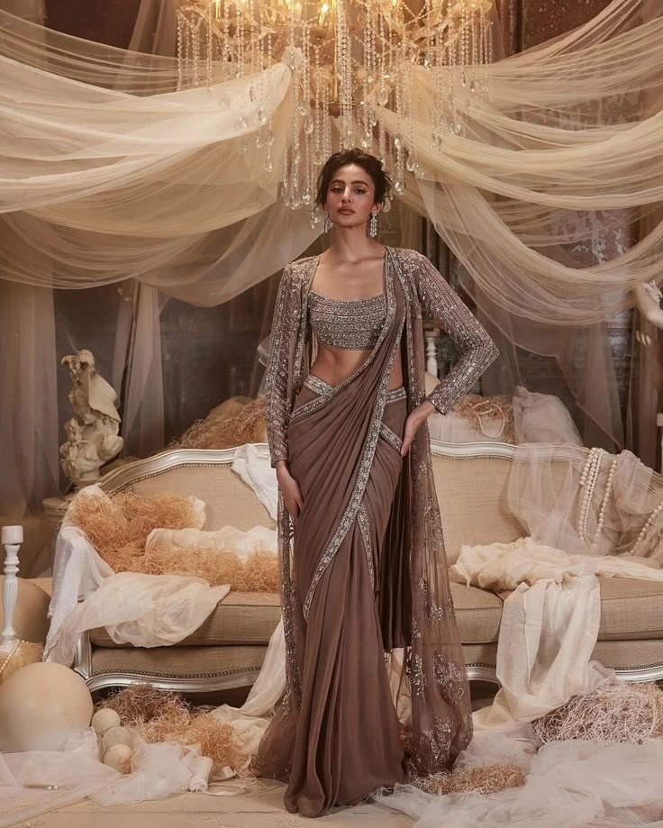 Brown Indo West Designer Bollywood Saree sari cape Style - DN-1055