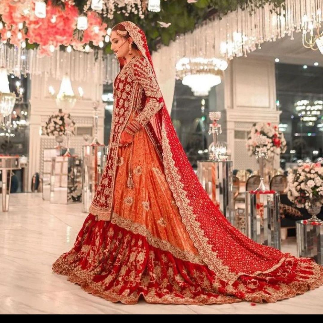PAKISTANI SPLIT JACKET WITH LONG TRAIL BRIDAL LEHENGA WITH EMBELLISHMENT - DN-1667
