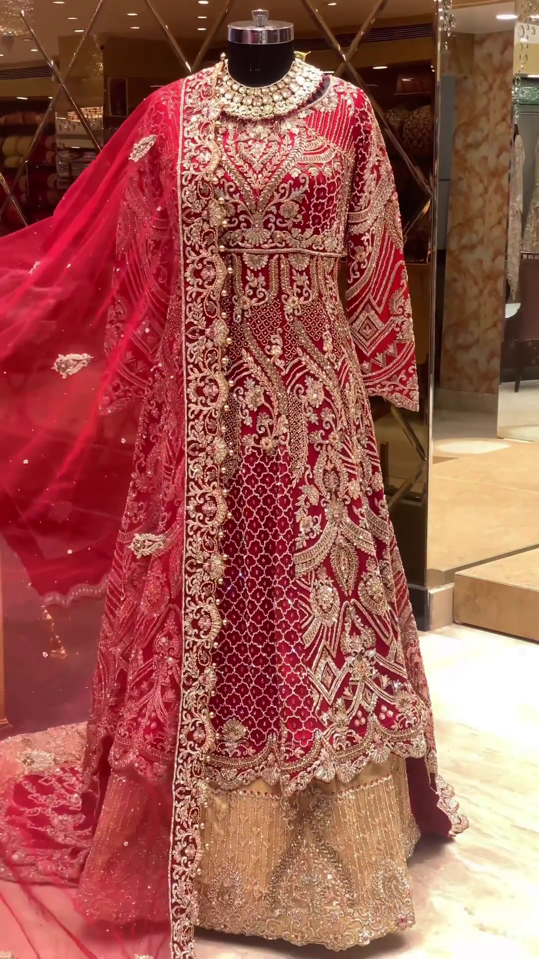 Red Designer Long Trail Anarkali split Backside with Golden Lehenga and Embellishment - DN-1430