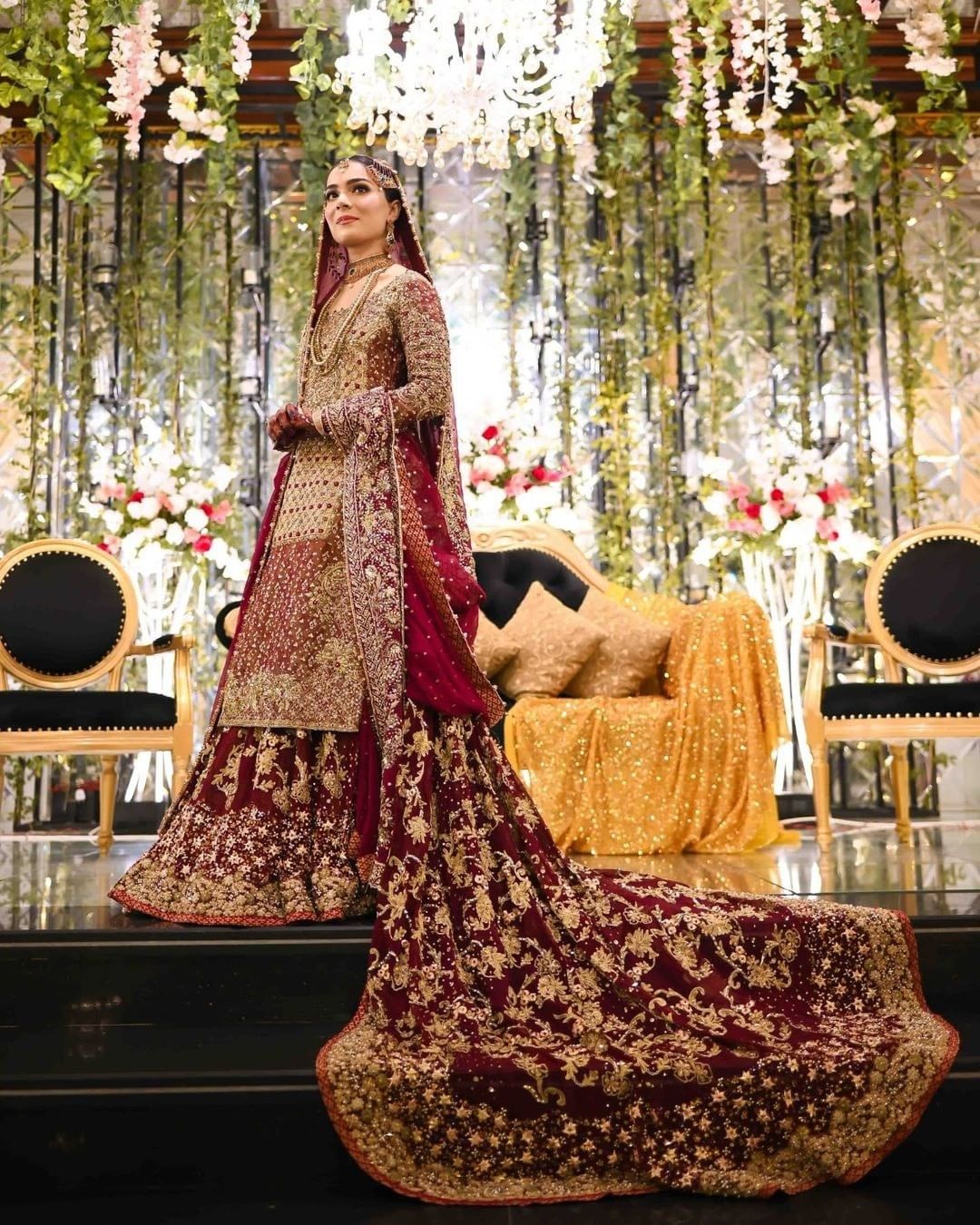 Maroon Classy Pakistani Nikaah Long Trail Lehenga with Kameez and Embroidery Bespoke - DN-1169