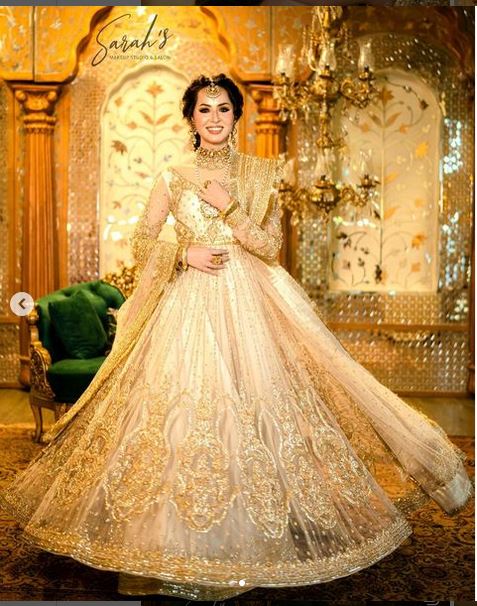 White Stunning Wedding Nikaah Bridal Look Golden Zardosi Bollywood style Bespoke Kshkin Design - DN-1114