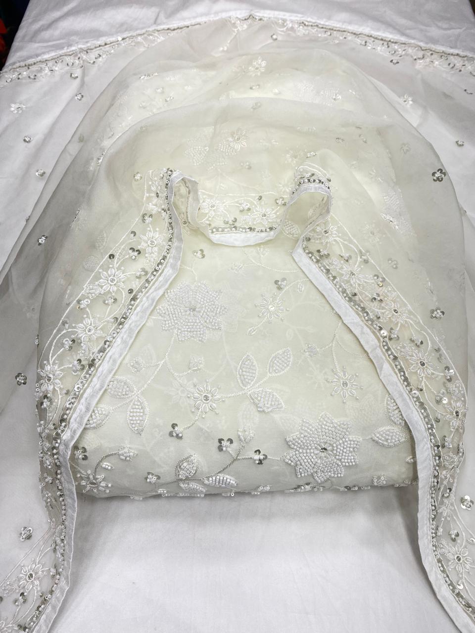 White Hand beaded Designer Wedding Unstitch Suit - DN-1057