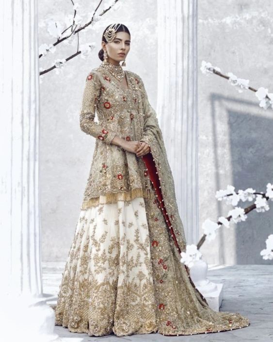 Traditional White Designer Pakistani Walima Peplum with lehenga and Golden Embroidery - DN-1337