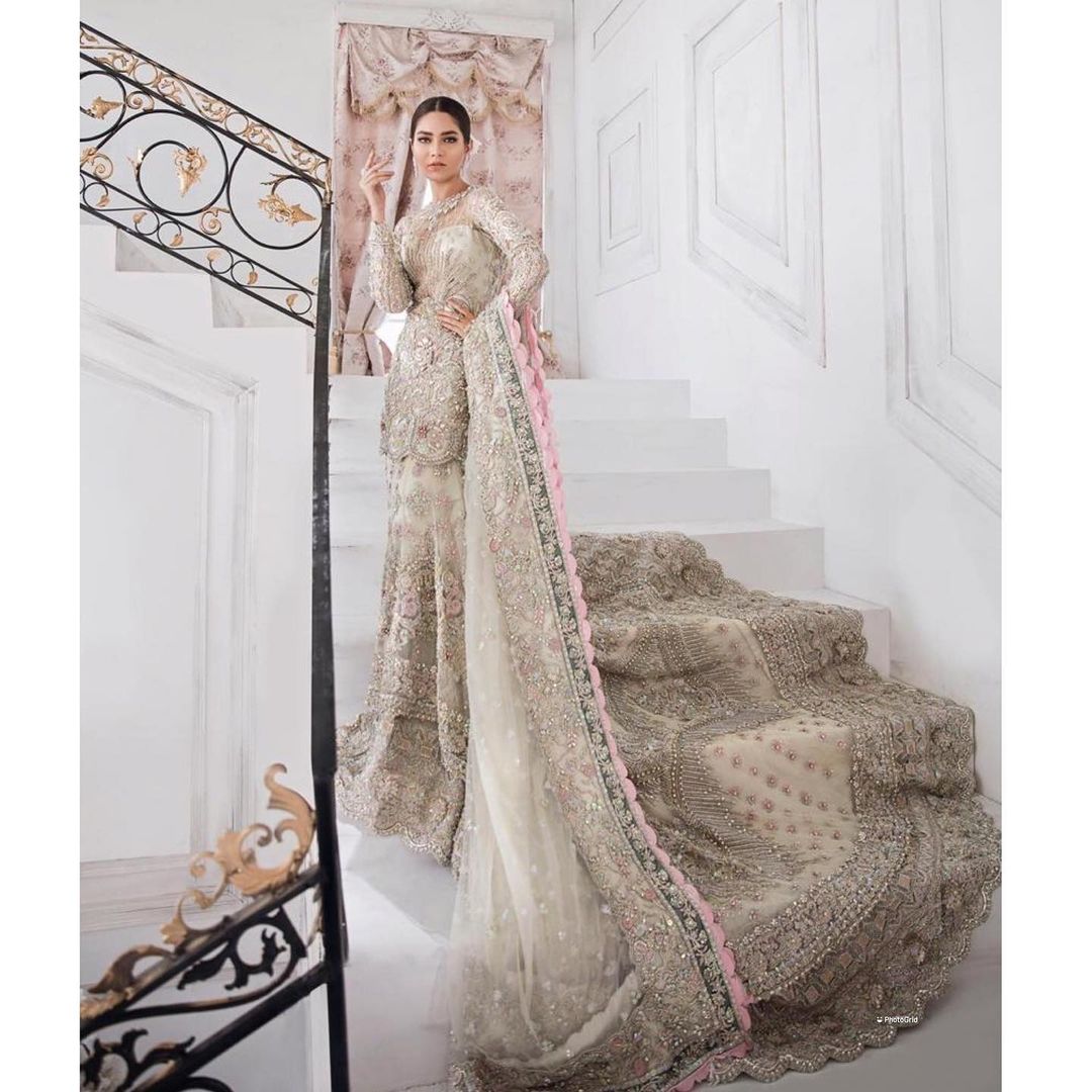 Wedding Long Trail Bridal Lehenga with Embroidery Peplum Top - DN-1969