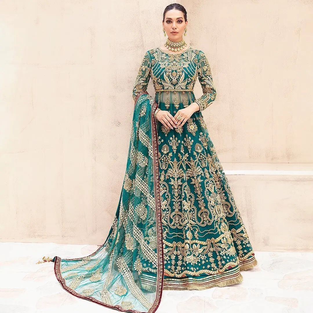 Green Designer Classy Partywear and Reception long Anarkali with lehenga and Embellishment - DN-1338