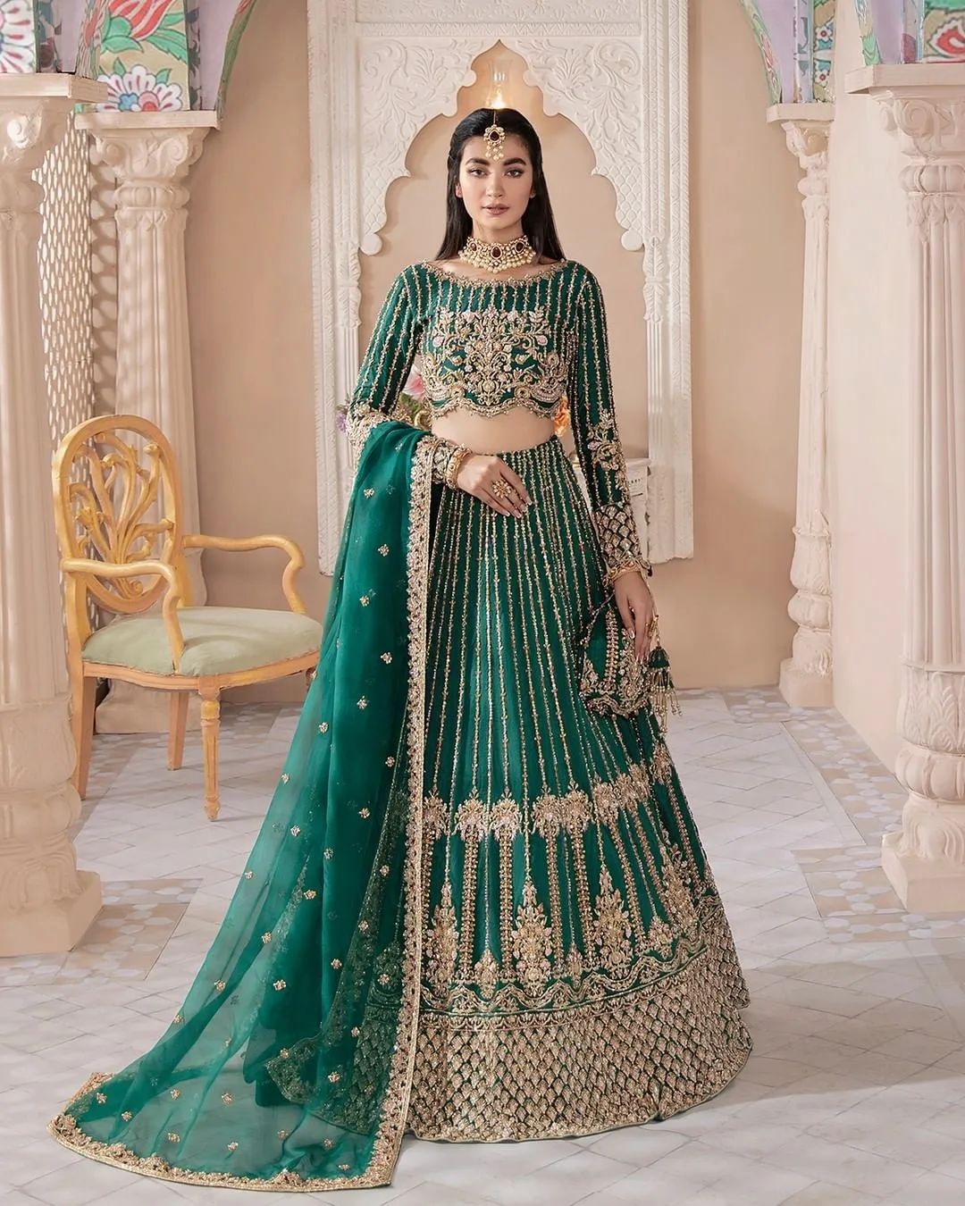 Green Designer Indian Style Wedding lehenga choli with Golden embroidery - DN-1341