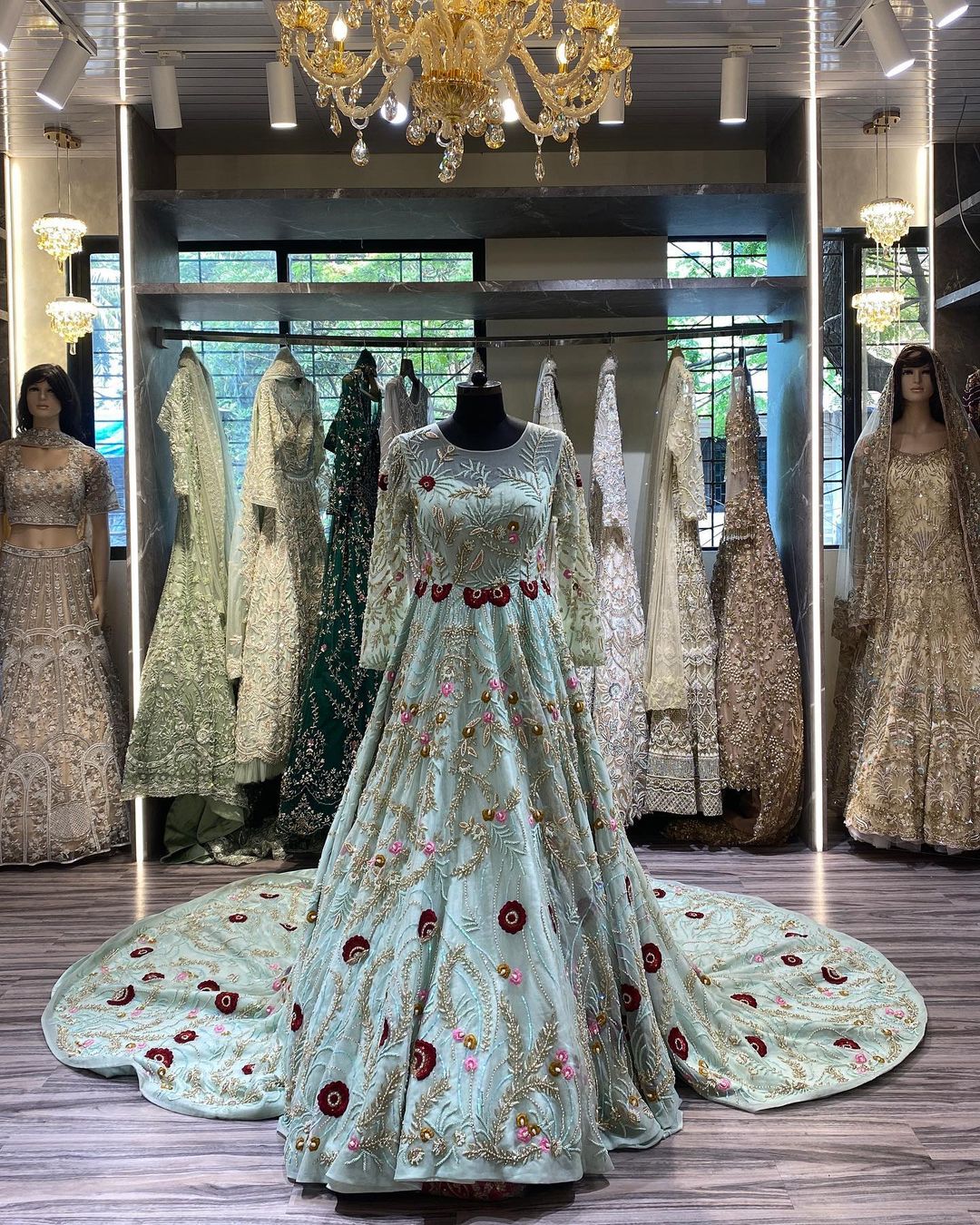 Classy Designer Pakistani Wedding and Reception long Trail Gown with Embroidery - DN-1333