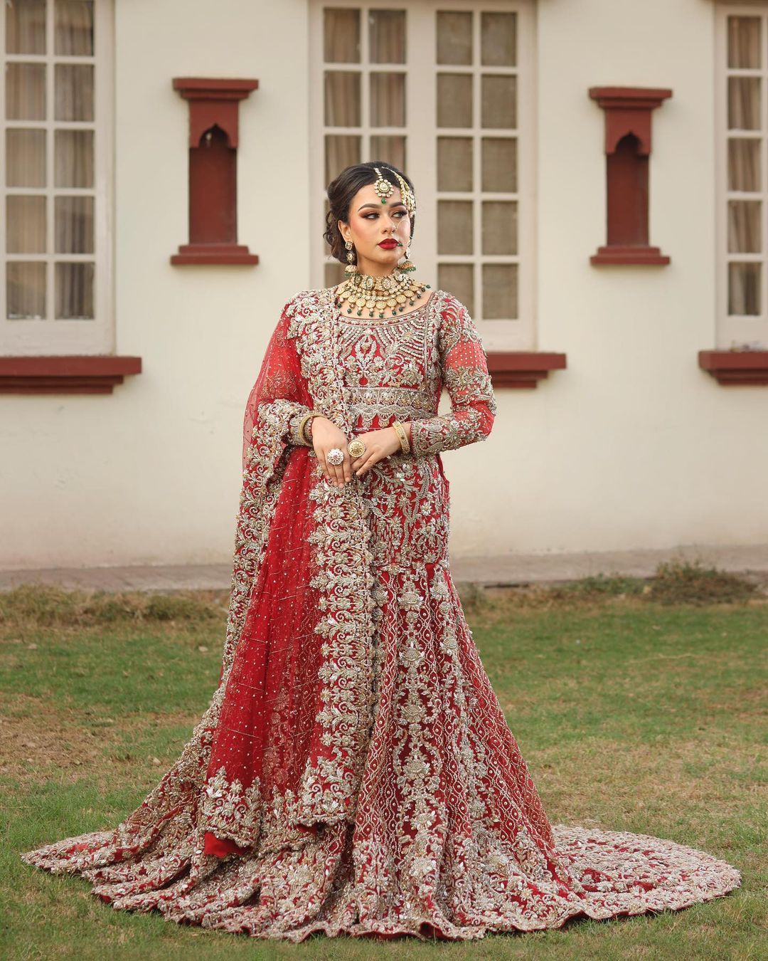 Designer Red Indian Bridal Long Trail Lehenga Choli with Golden Embroidery - DN-1540
