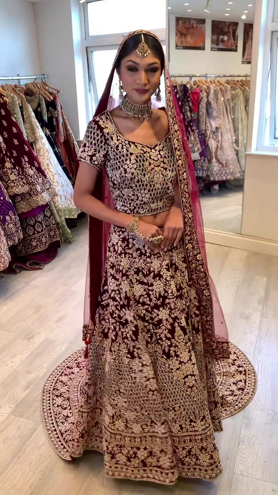 Maroon Designer Indian and Pakistani Bridal Long Trail Lehenga Choli with Golden Embroidery - DN-1411