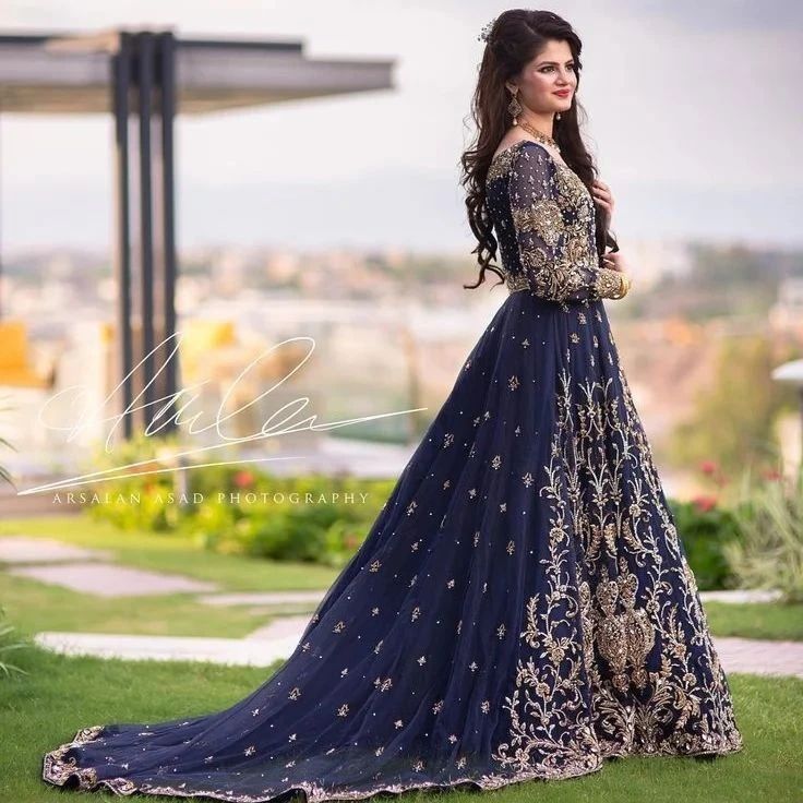 Pakistani Walima Blue Long Trail Gown With Embroidery - DN-1666