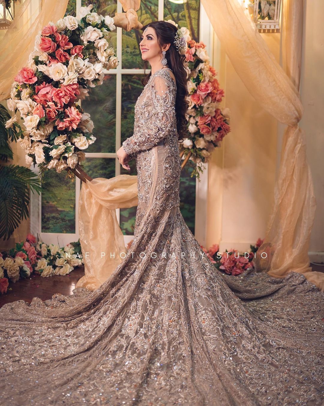Bridal Golden Long Trail Gown with Embroidery