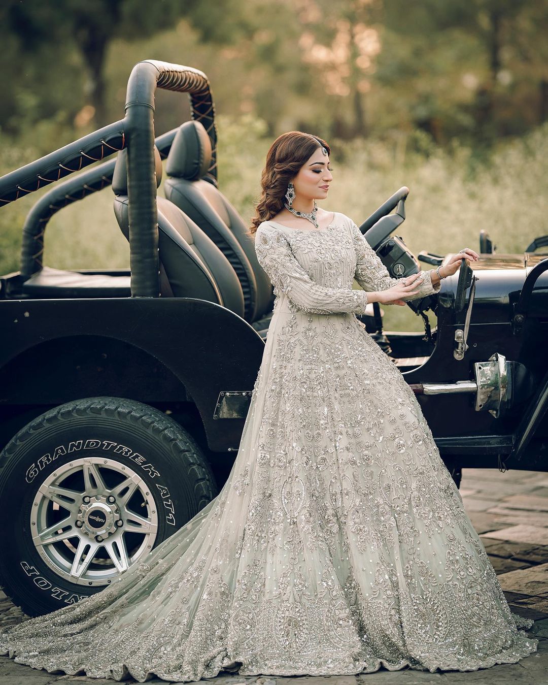 Bridal Light Pale Green Long Trail Gown with Embroidery - DN-2013