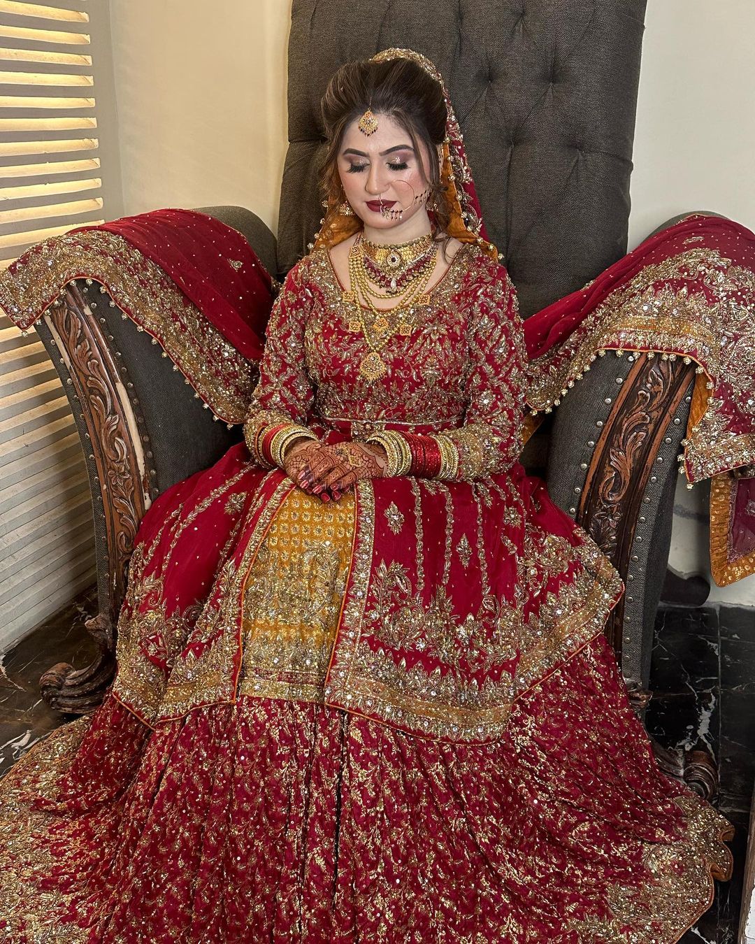 Red Classy Designer Pakistani walima short split jacket with lehenga and Embellishment - DN-1330