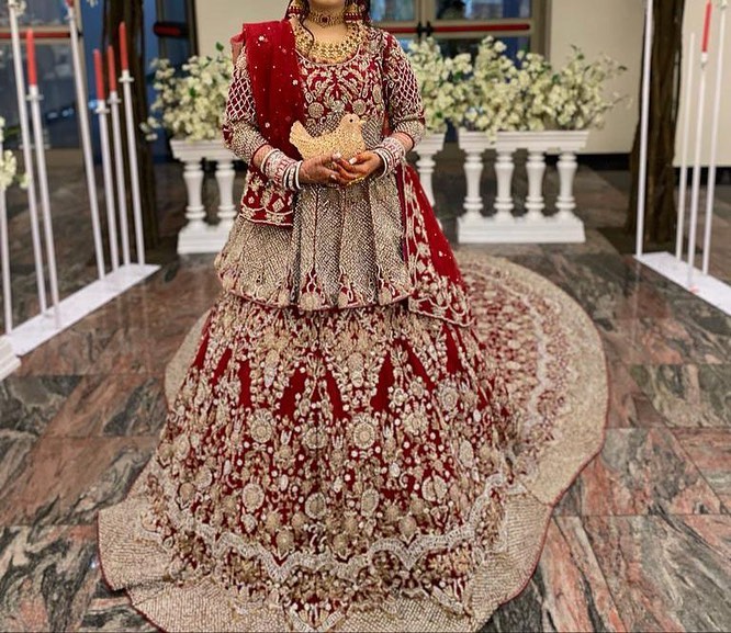Red Traditional Pakistani Nikaah and Walima long Trail lehenga with Peplum and Embellishment - DN-1331