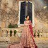 Peach wedding long trail bridal gown with golden embroidery - DN-1909
