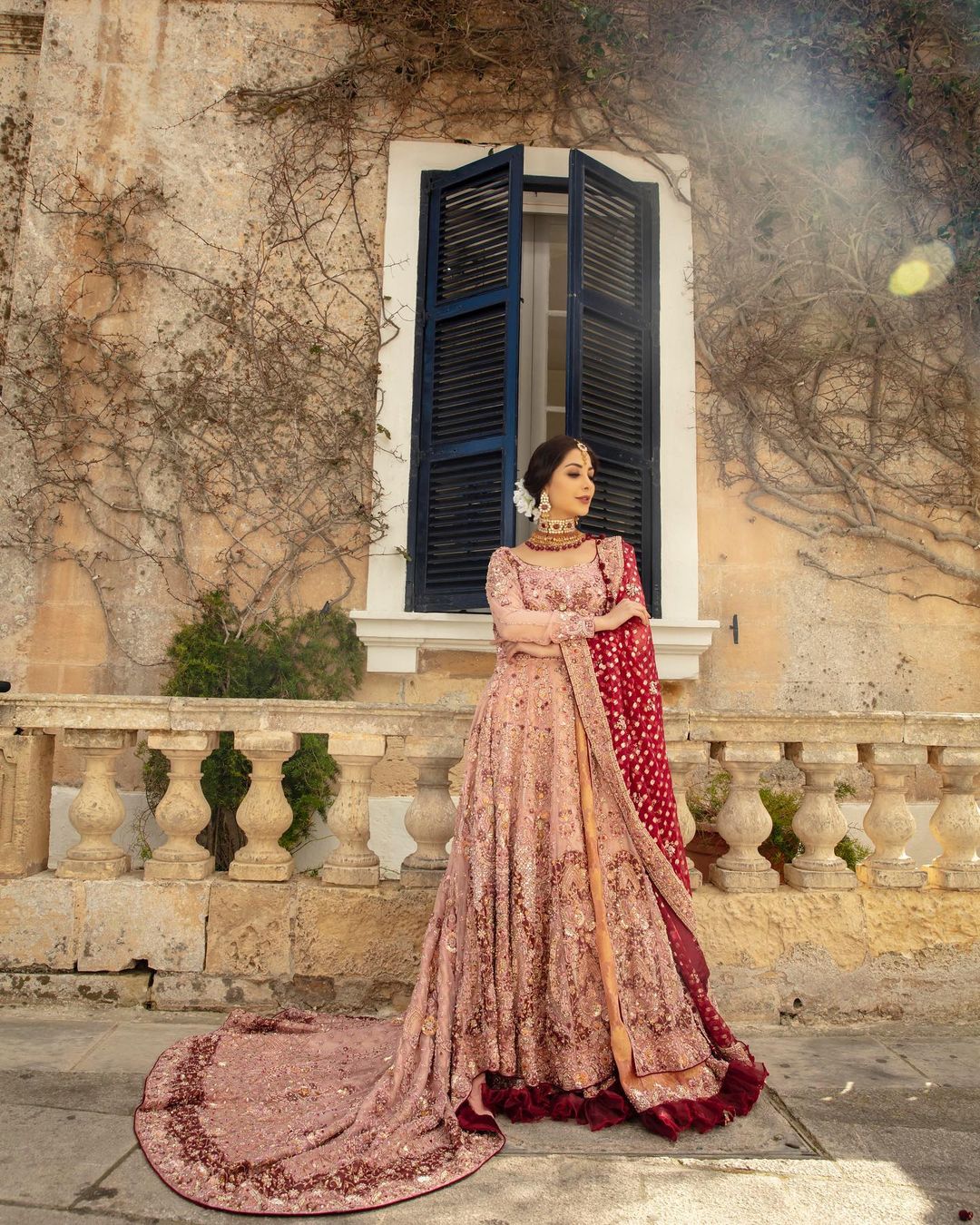Peach wedding long trail bridal gown with golden embroidery - DN-1909