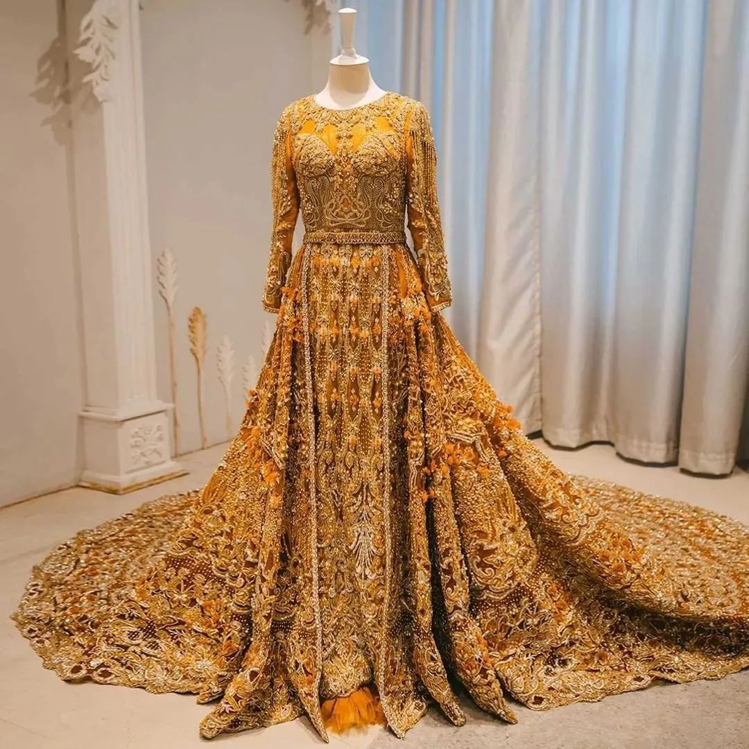 Golden Traditional Bridal long Trail Anarkali with lehenga and Embroidery Bespoke - DN-1173