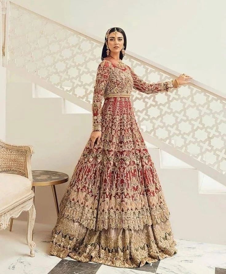 Traditional Red Pakistani Bridal long Anarkali with lehenga and Embellishment - DN-1407