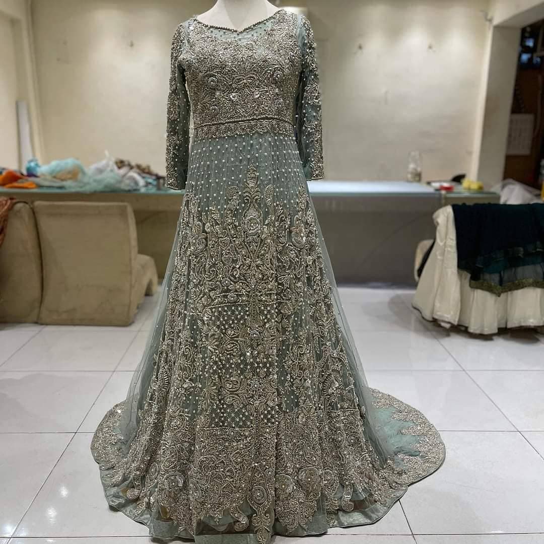 Designer Ice Blue Walima Gown with Golden Embroidery - DN-1662