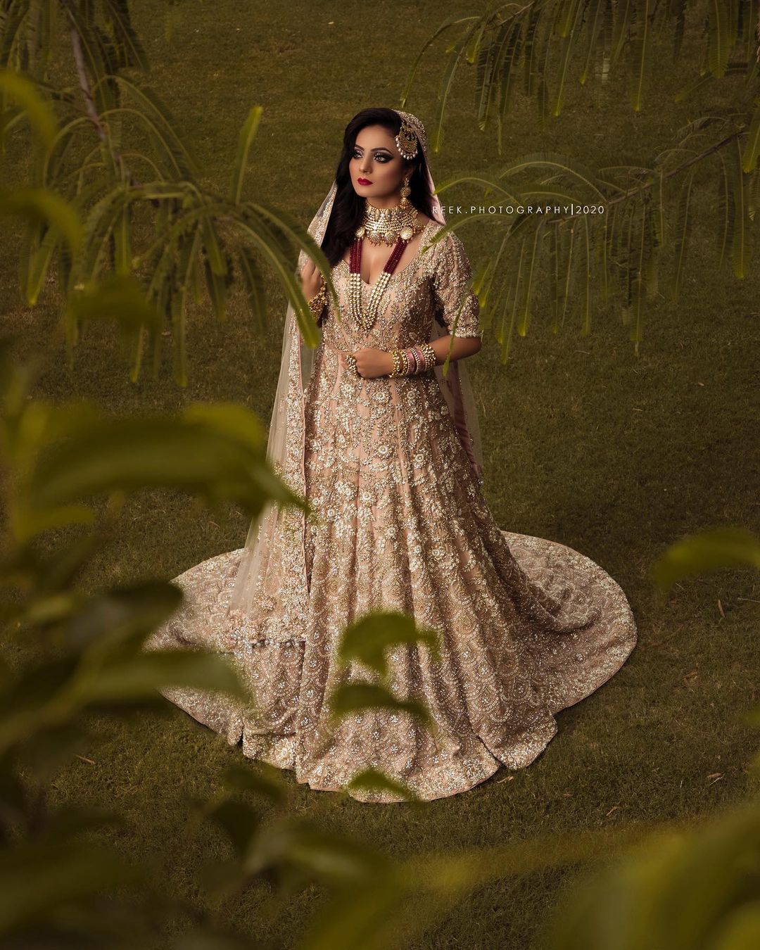 Pakistani Golden Embroidered Long Trail Bridal Gown - DN-1663