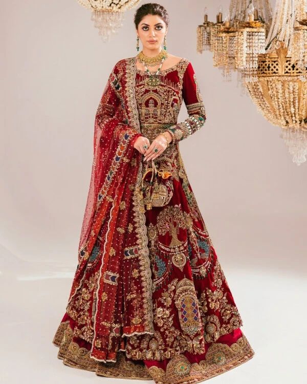 Traditional Red Designer Pakistani Bridal long Anarkali with Lehenga and Embellishment - DN-1409