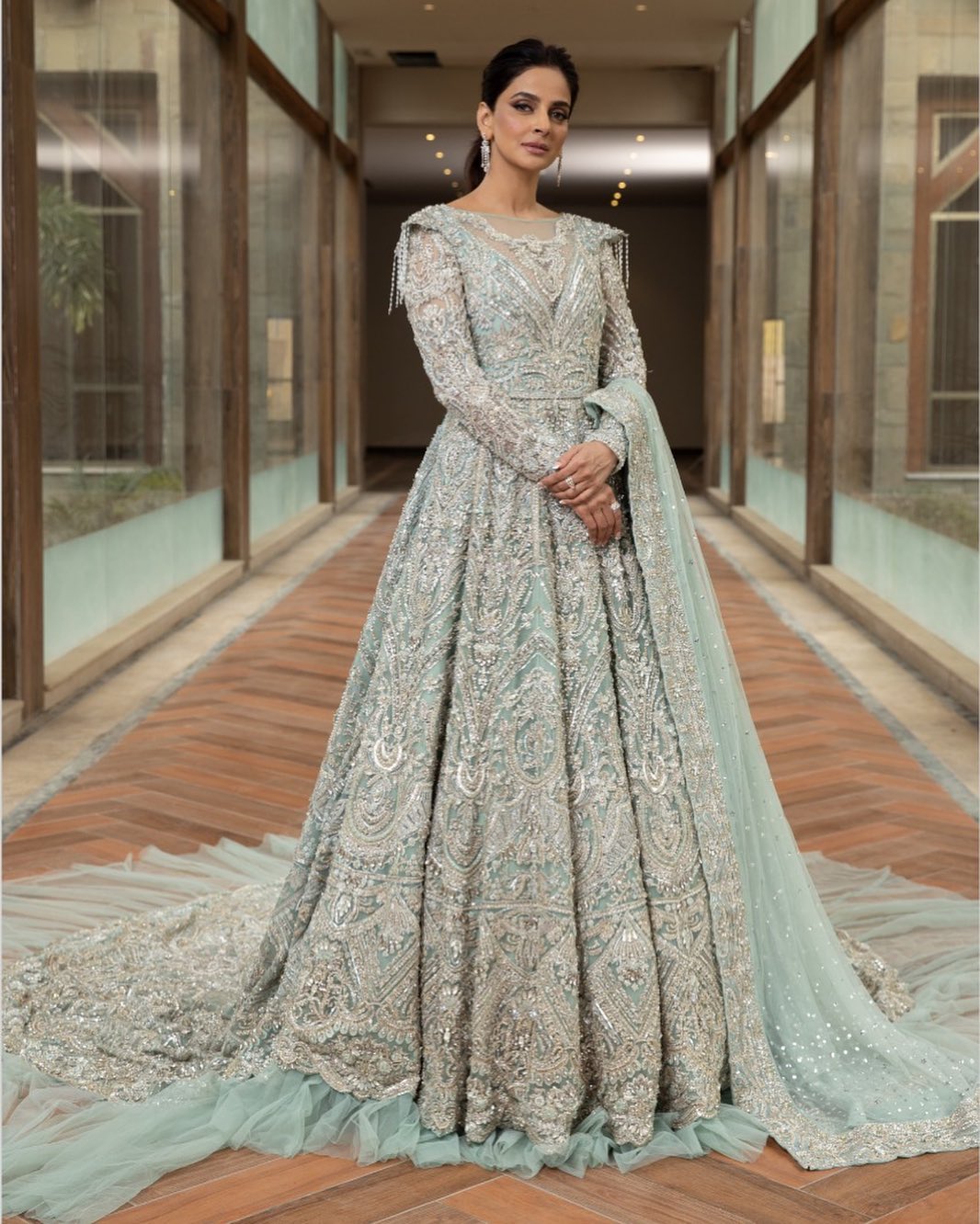 Pakistani Bridal Long Trail Gown with Golden Embroidery - DN-1660