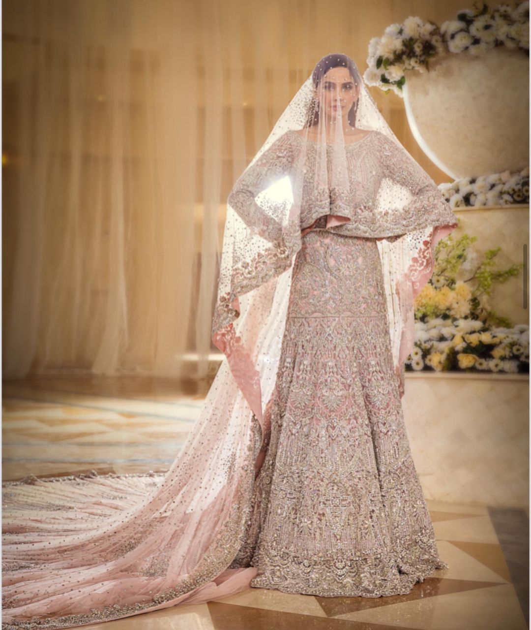 Classy Pastel Long Veil Bridal Gown with Embroidery Trail - DN-1661