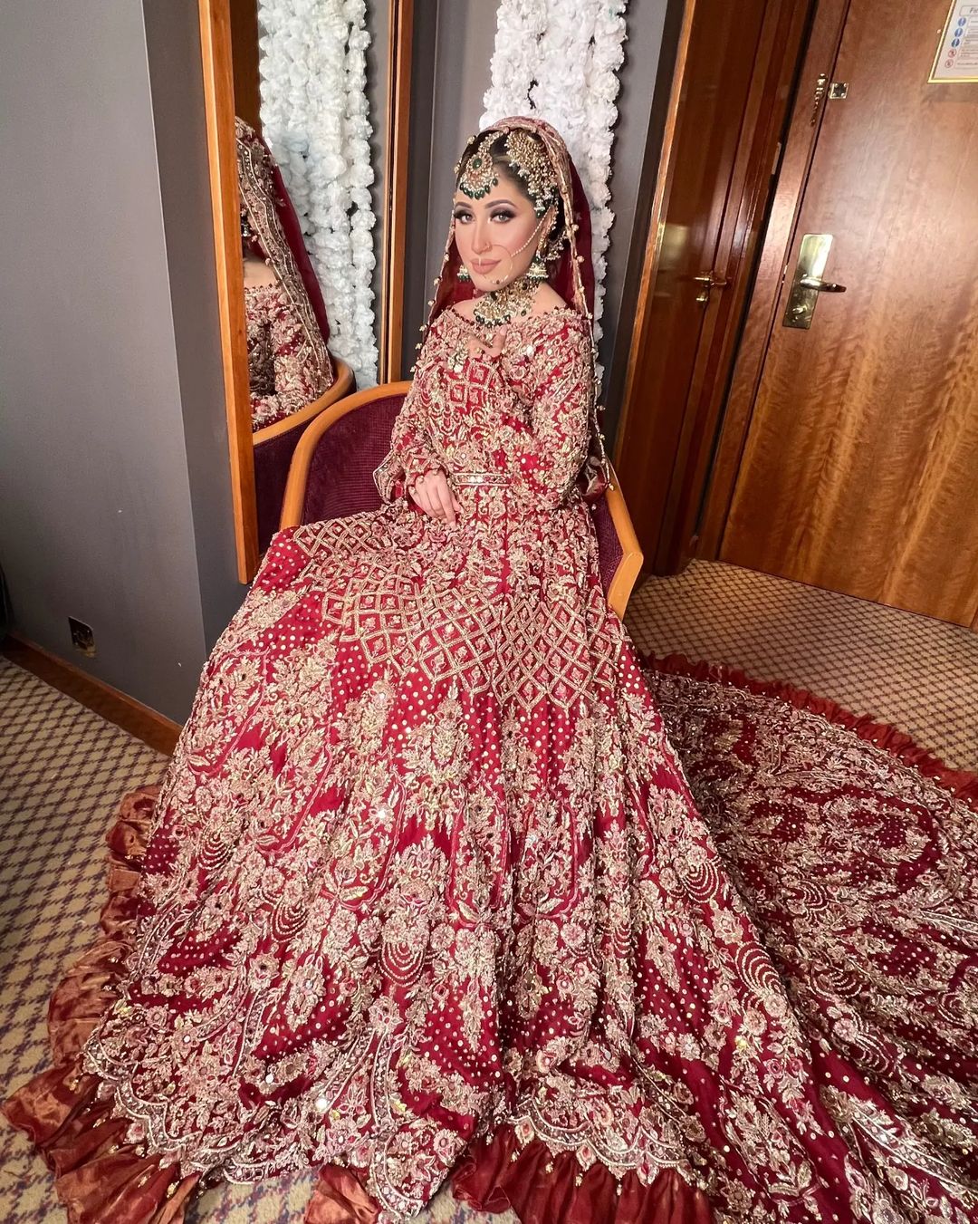 Red Designer Pakistani Embroidered Gown with Long Trail - DN-1608