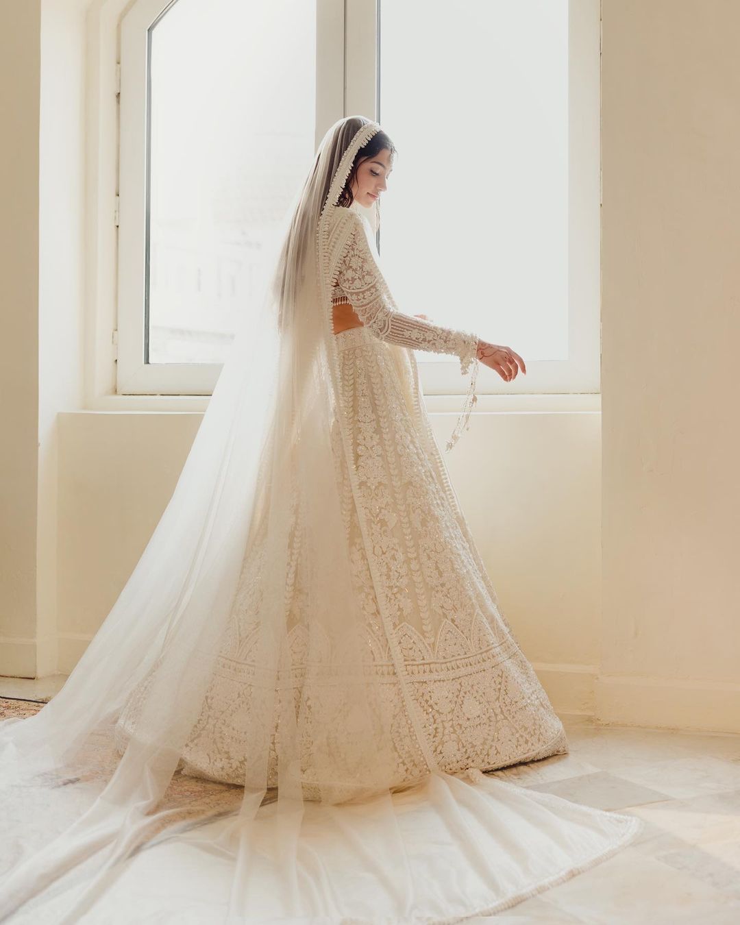 White Designer Indian wedding lehenga with Embroidered Crop top and long Veil bespoke made to order - DN-1302
