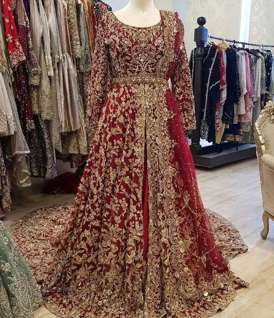 RED AND GODLEN ANARKALI LEHENGA WITH GOLDEN HAND MADE WORK - DN-2008