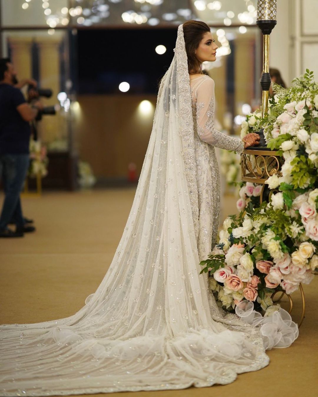 Wedding Long Trail Bridal Gown with Silver Embroidery - DN-1996