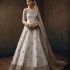 White Designer Partywear Anarkali with lehenga and Golden embroidery Bespoke made to order - DN-1283