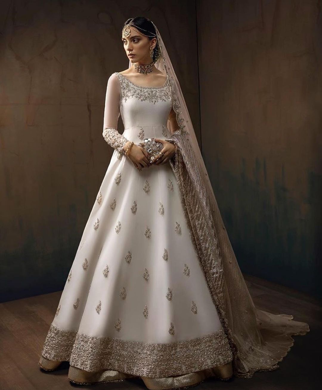 White Designer Partywear Anarkali with lehenga and Golden embroidery Bespoke made to order - DN-1283