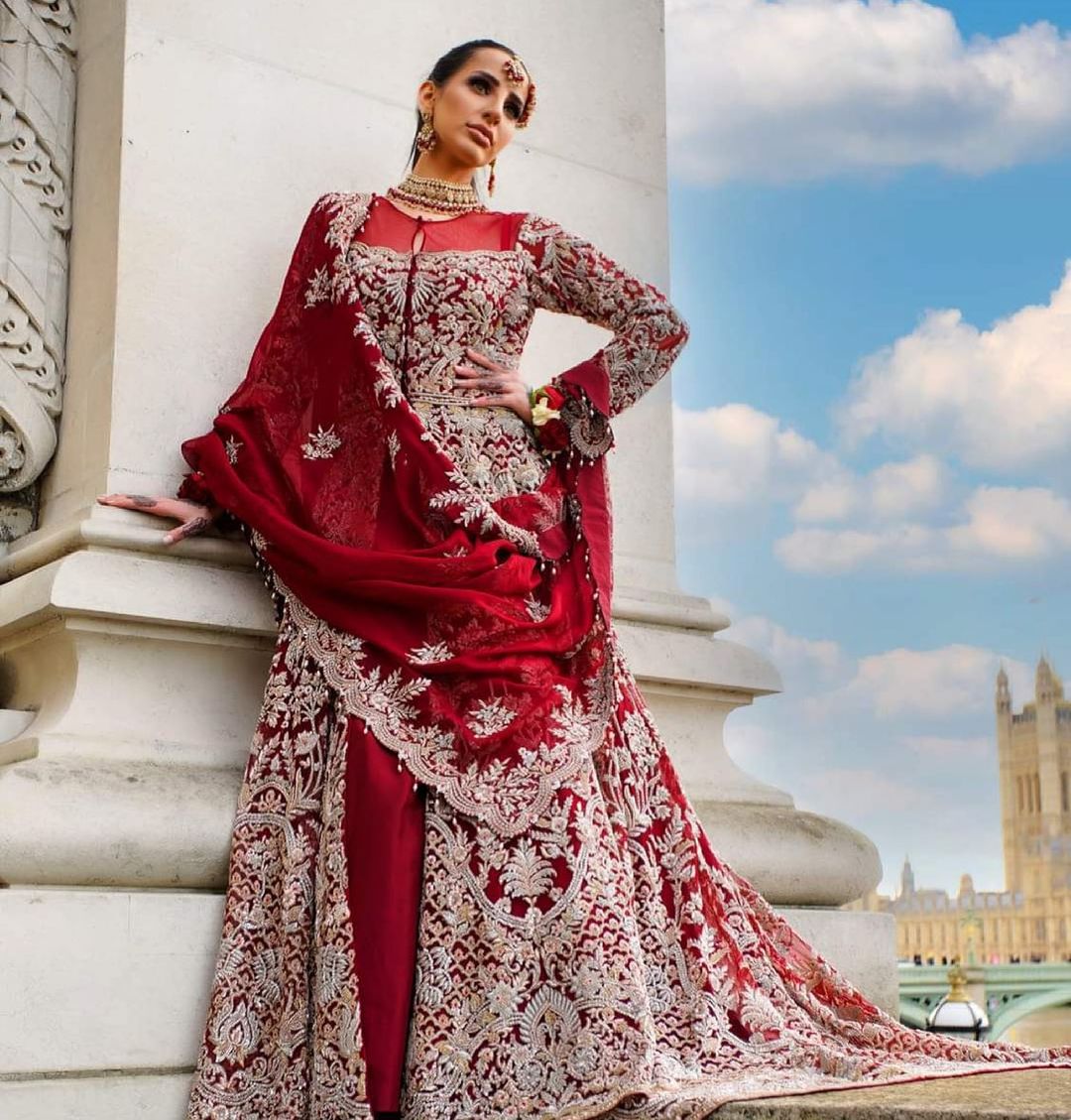 Red Designer Pakistani Wedding long Trail Split Anarkali with lehenga and Embroidery Bespoke -DN-1284