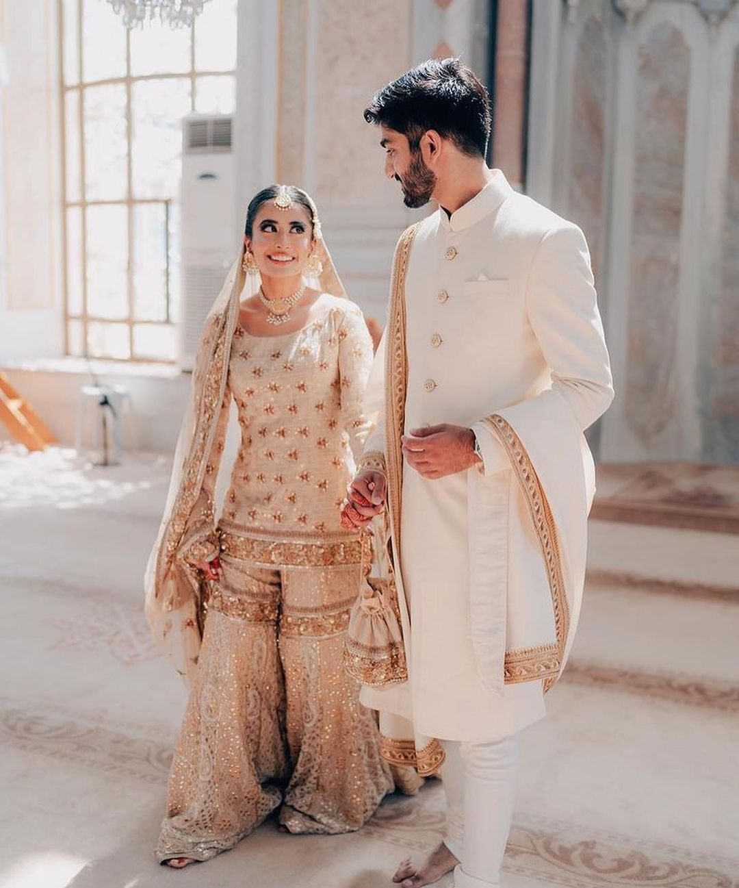 White Designer Wedding and Walima Garara with Golden Embroidery Bespoke made to order - DN-1282