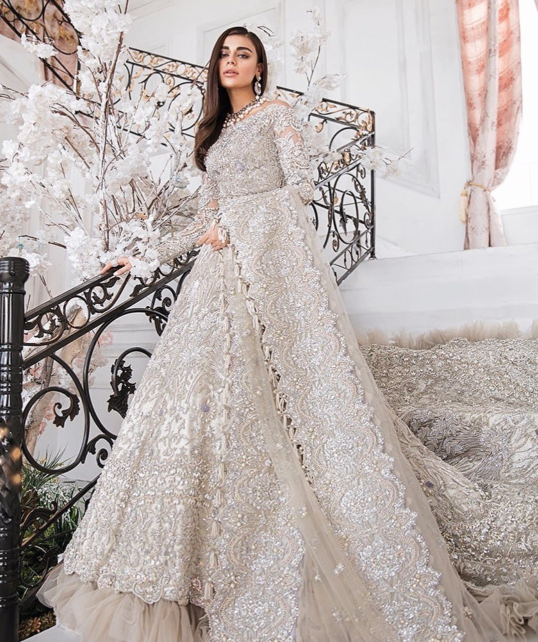 Classy Designer Wedding Frill long Trail Gown with Embroidery Bespoke made to order - DN-1280