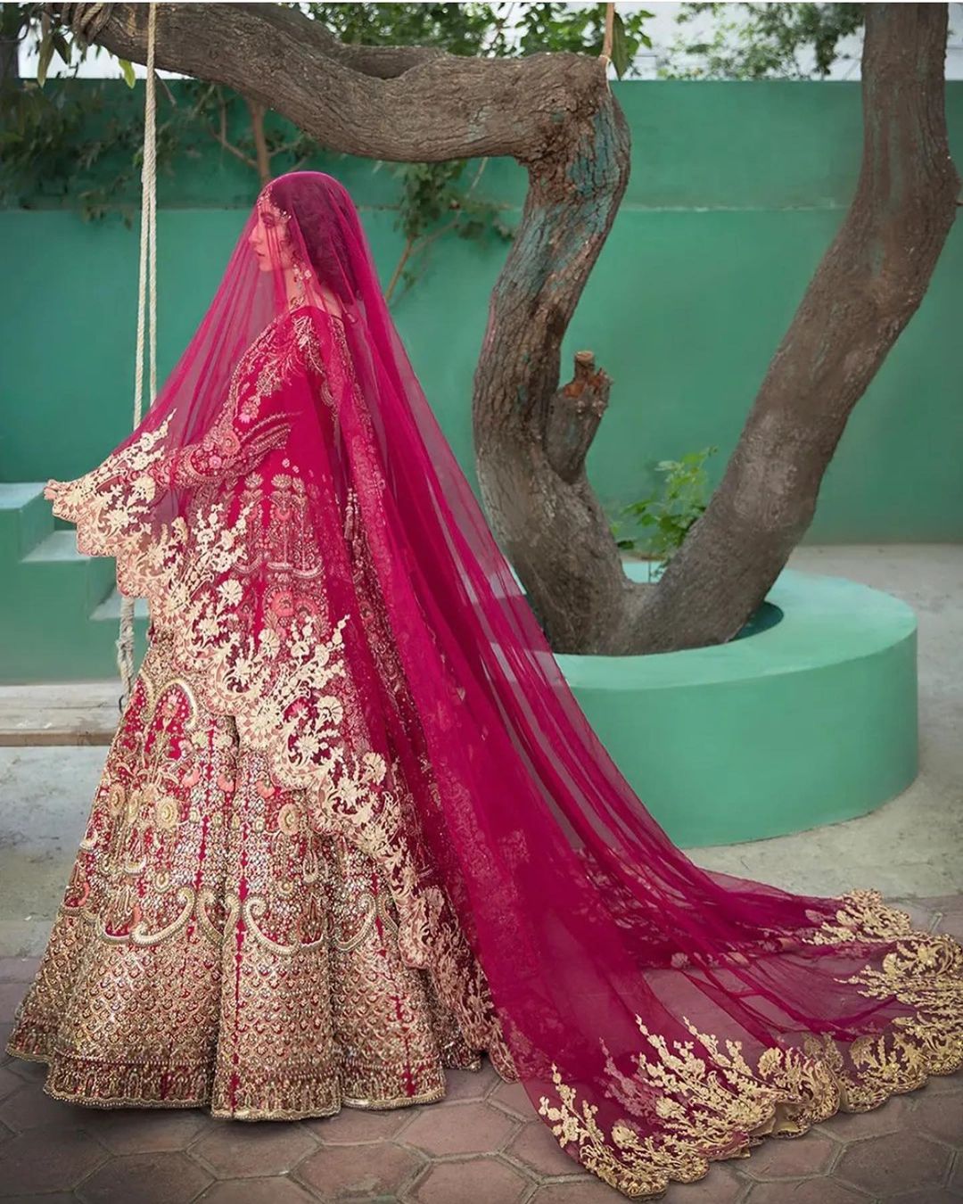 Wedding Rani Pink Bridal Gown with Golden Embroidery- DN-1988
